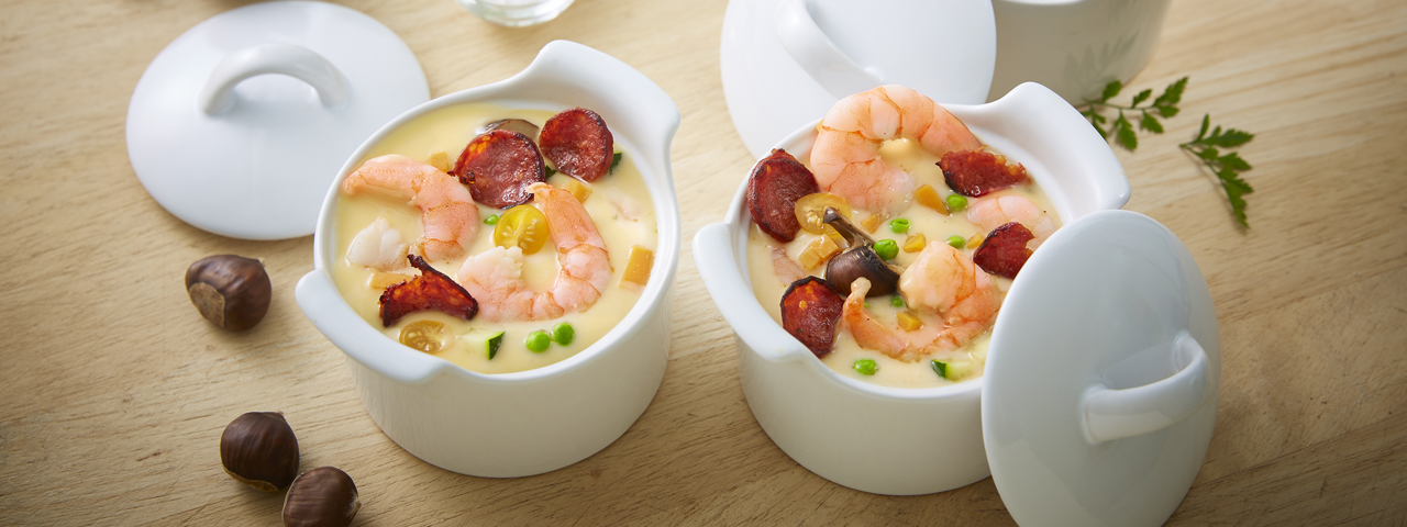 Maronencreme mit Garnelen und Chorizo