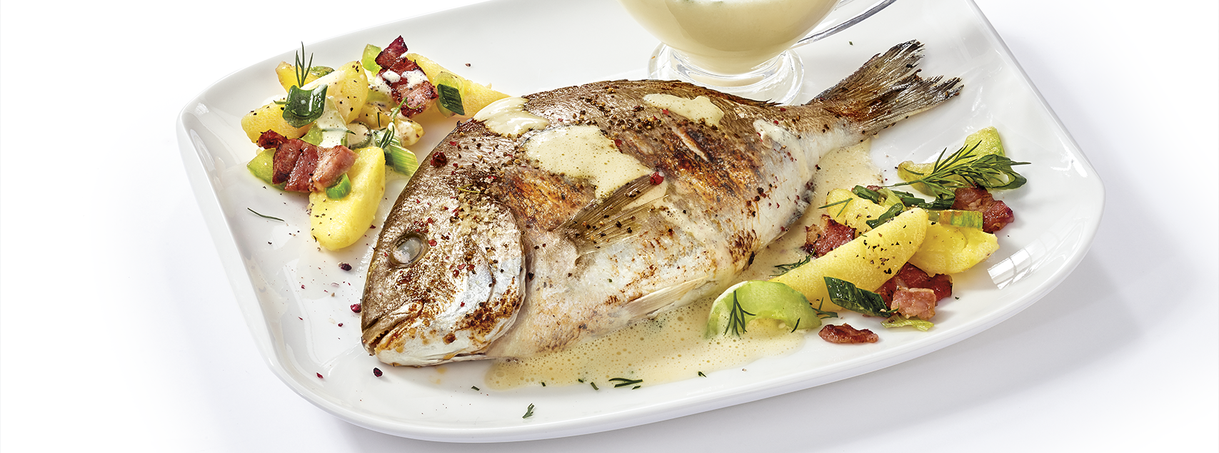 Dorade mit Meerrettich-Schaum auf Kartoffel-Gurkengemüse