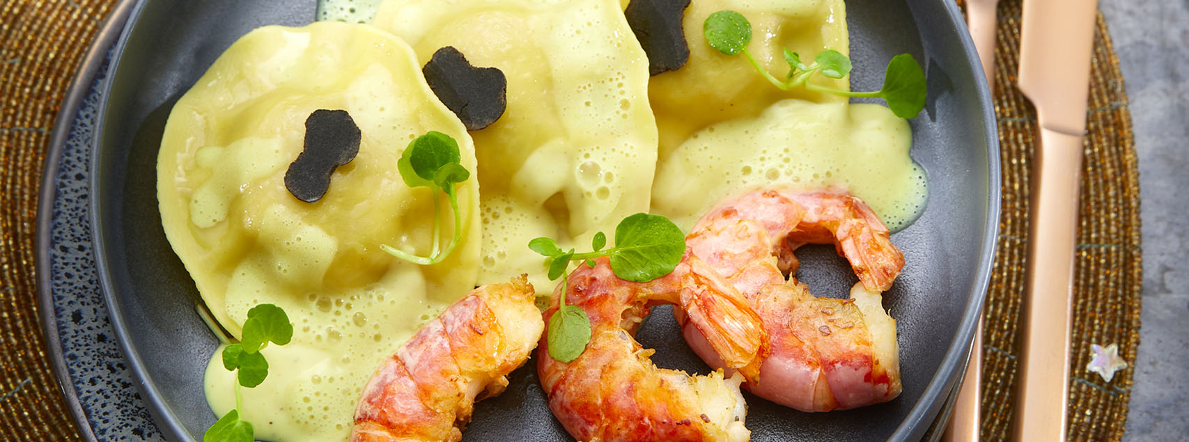 Trüffelravioli  mit patagonischen Garnelen