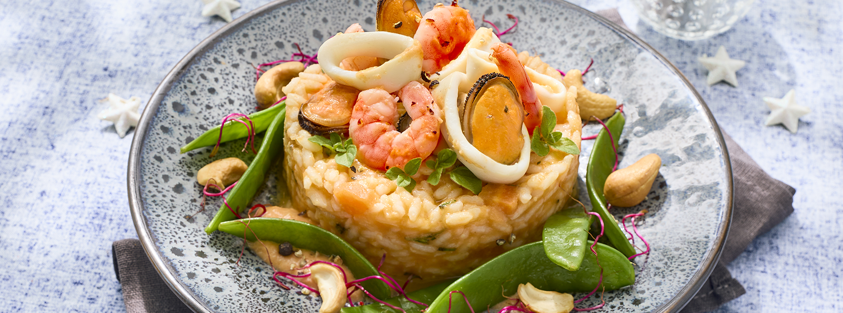 Risotto mit Meeresfrüchten und Karotten mit Ingwer