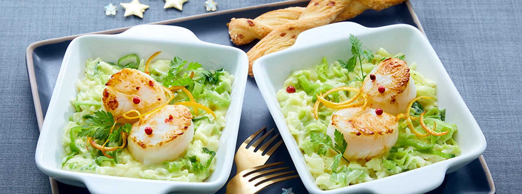 Cassolette von Jakobsmuscheln und Lauchfondue